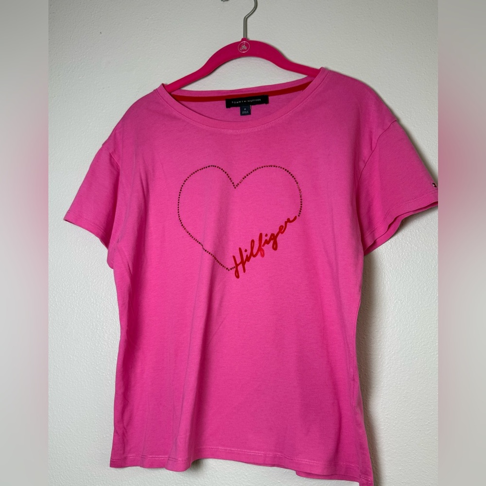 Tommy Hilfiger Bright Pink Crewneck Tee with Red Trim